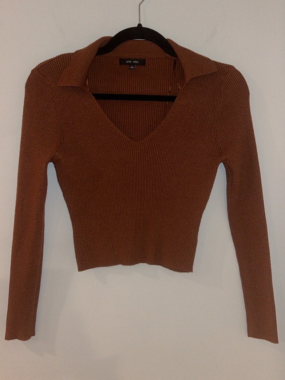 Love Tree Ribbed V-Neck Collared Long Sleeve Top in Brown
